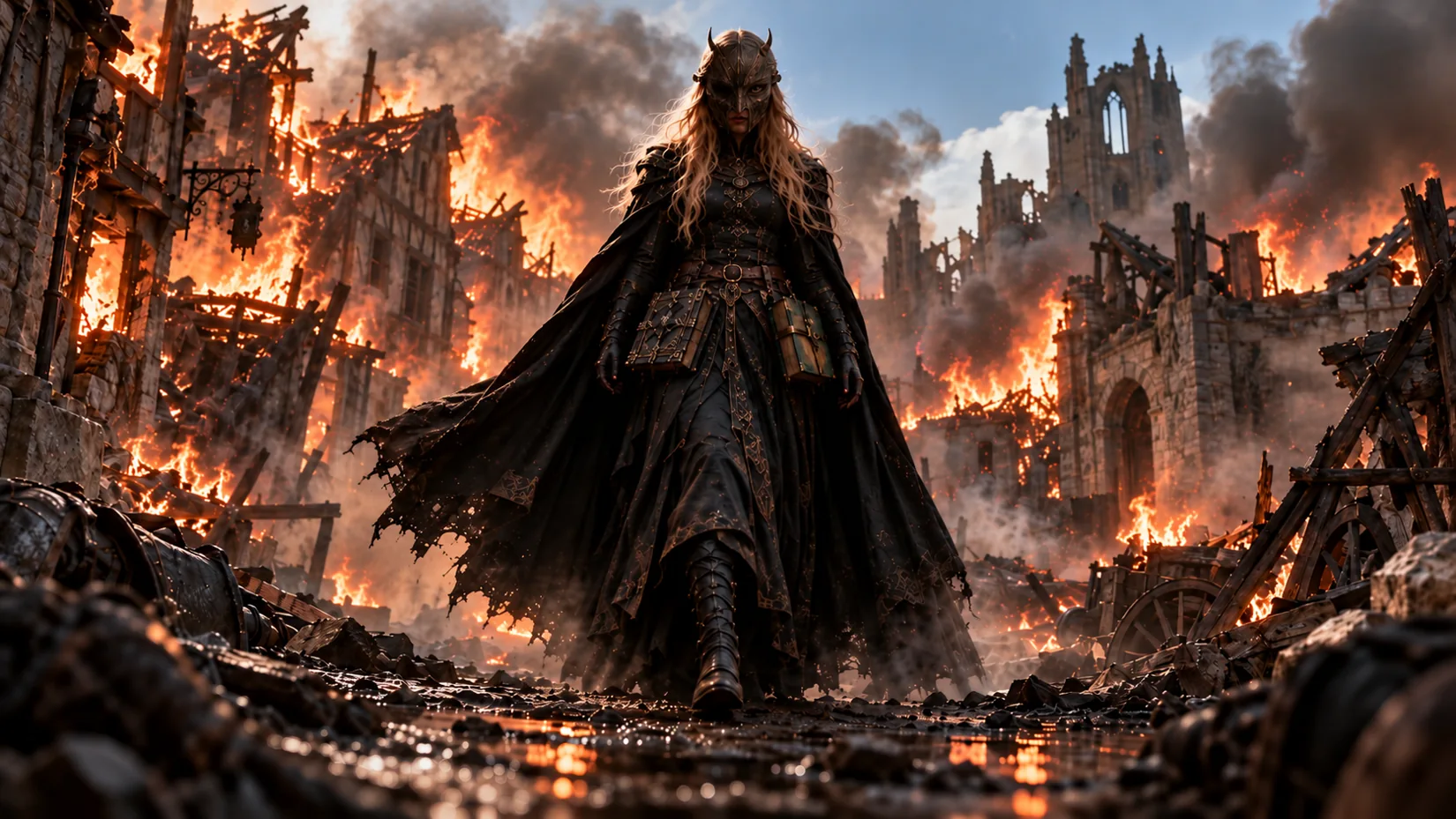 Masked figure amid burning ruins